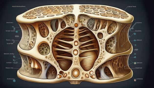 hollow bone structure diagram with air sacs and struts labeled for anatomy studies