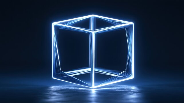A hypercube tesseract rotates in four dimensions with glowing lines connecting inner and outer shapes in a dark setting.