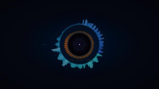 Circular audio spectrum visualizer with radar display showing high frequency and sub bass