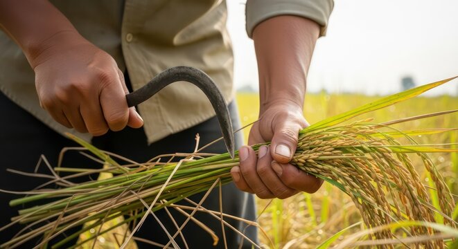 Farmer harvesting ripe rice crop with a sickle in a golden field.