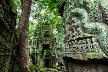 Fototapeta premium Ceremonial bas-reliefs and towers of Ta Prohm Temple