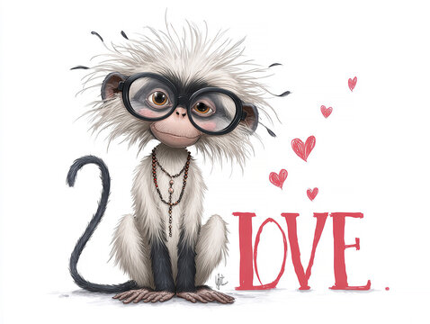 Cartoonish old female monkey in glasses and necklace, sitting on LOVE word surrounded by floating hearts White background Joyful illustration with Valentine vibes - AI-Generated