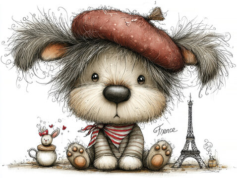 French dog illustration with anthropomorphic elements, sitting on hind legs Wearing a red beret and striped scarf, the dog is in a Parisian setting with an Eiffel Tower model and crois - AI-Generated