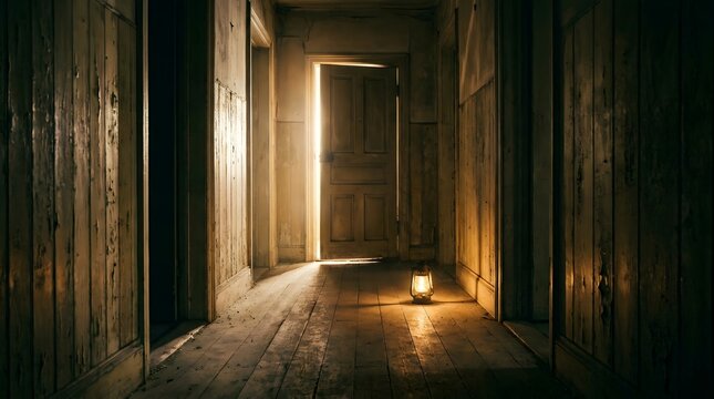 A dimly lit, antique hallway with a single lantern casting a warm glow towards a closed door with a sliver of light emanating from it, evoking a sense of mystery and suspense