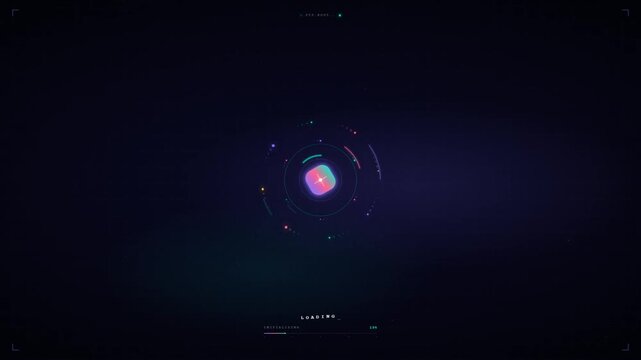 Futuristic loading screen with colorful orbital sphere initializing system boot percentage display