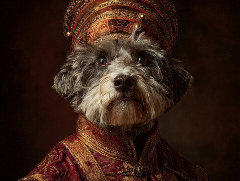 A mini Schnoodle dog depicted in a painting style reminiscent of Vatican Swiss Guard portraits, wearing an elaborate costume with intricate patterns and gold accents The dog is centere - AI-Generated