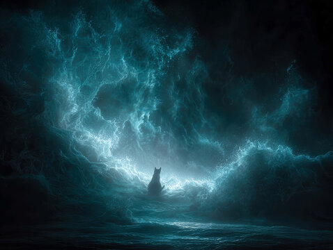 A massive, archetypal figure paddles through turbulent ocean waters under moonlight The figure sits in a canoe, heading towards a tunnel or vortex amidst choppy, foamy waves Dominant - AI-Generated