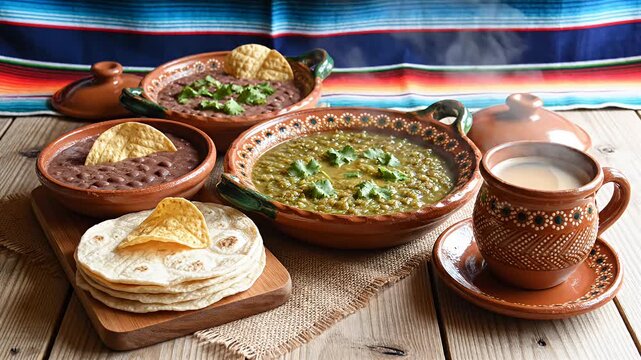 Traditional food display with pottery and tex mex style presentation
