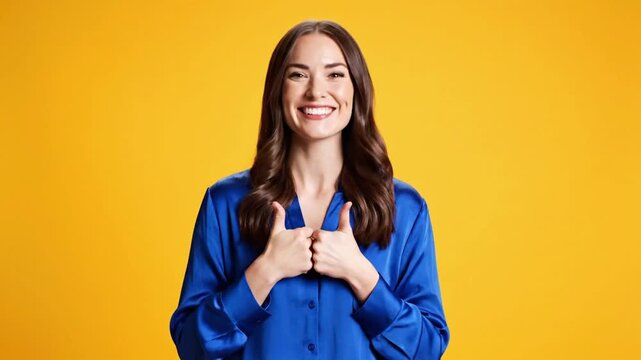 Excitement and joy from a brunette woman in a bright room with a yellow background during a creative project