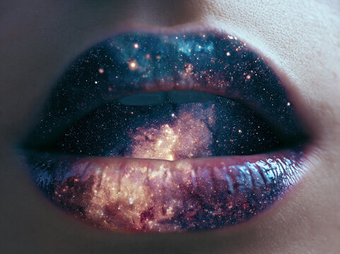 Lips with galaxy design showing stars and cosmic colors in a creative expression of art