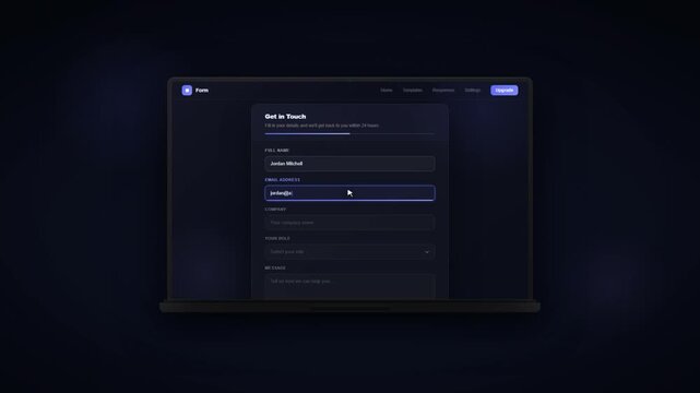 Online contact form interface with input fields dropdown menu and laptop browser display