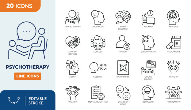 Psychotherapy icon set. Editable stroke. Vector illustration