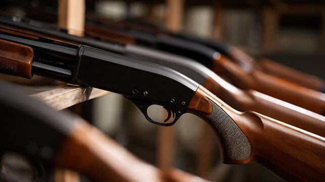 Row of classical firearms with wooden stocks and dark metal components displayed neatly on a shelf in a warm, inviting setting