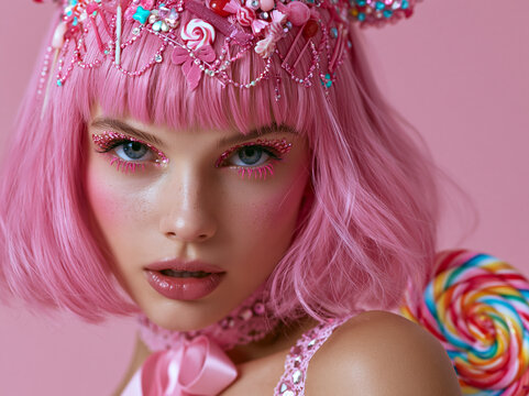 Model poses with colorful hair and candy accessories in a creative setting while wearing playful makeup and an eye-catching outfit
