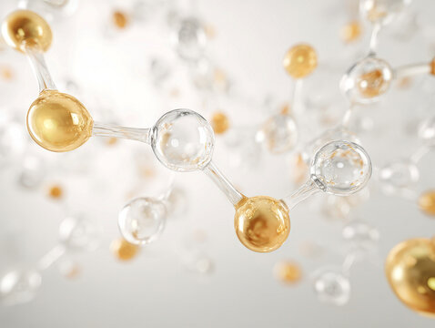 Close-up 3D render of abstract molecular structures, yellow-brown and white, interconnected by rods, floating in a blurred backdrop, shallow depth of field, cinematic lighting, clinical - AI-Generated