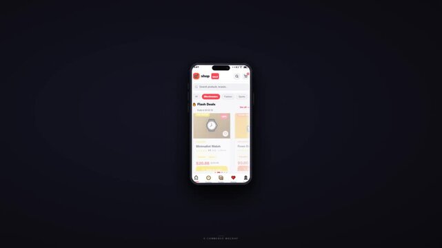 Mobile e-commerce shopping app mockup with flash deals product card and cart icons