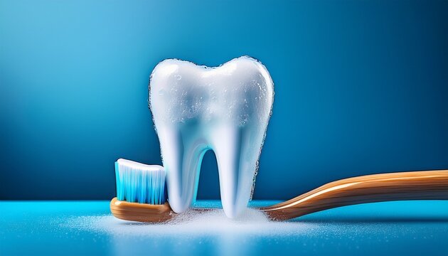 vibrant tooth and toothbrush showcase fresh sparkling toothpaste foam on a blue background emphasizing dental hygiene