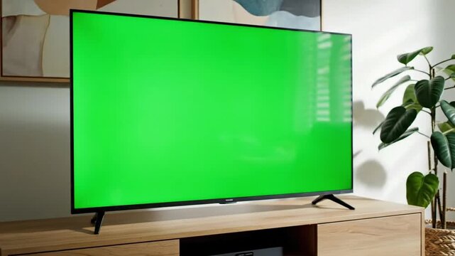 Modern TV powers on using remote control technology at home setup with green screen display