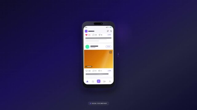 Mobile phone social feed mockup with animated post likes comments and engagement metrics