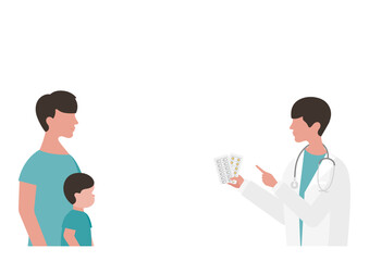 Fototapeta premium 子ども・父親と薬の説明をする医師のベクターイラスト素材