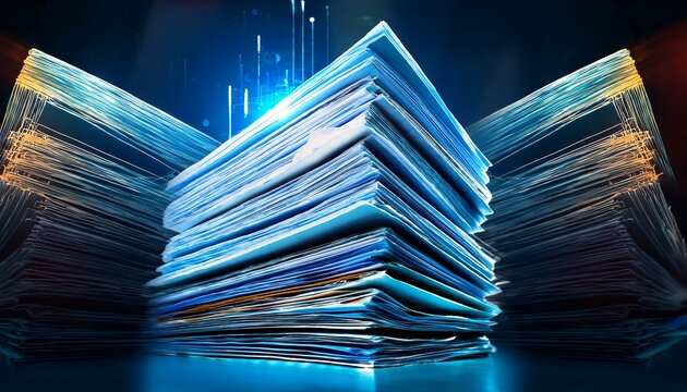 stacks of papers beside glowing digital screens represent the shift from traditional paperwork to automated smart contracts symbolizing efficiency innovation and digital transformation