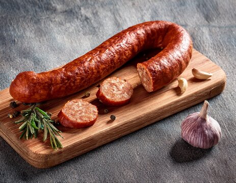 polish sausage with herbs and garlic on wood board