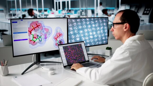 Scientist Uses Computer In Lab For Protein Drug Analysis