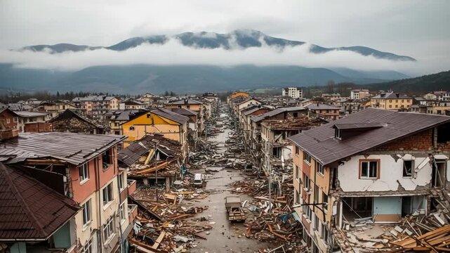 Devastated town street after earthquake disaster