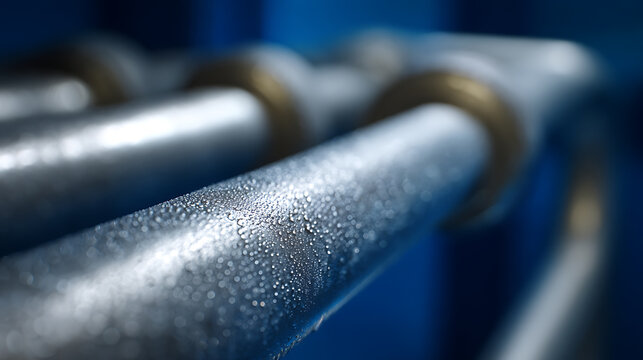 Close-up of metallic pipes with condensation, showcasing tiny water droplets on a cool surface, with a blurred blue background