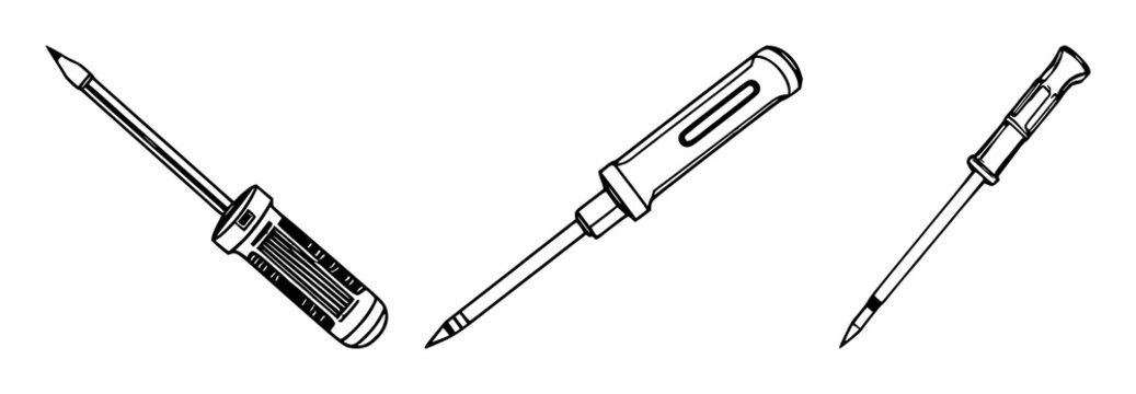 Phillips screwdriver set with black line art illustration on white background featuring screwdriver, tools, mechanical with hardware and maintenance