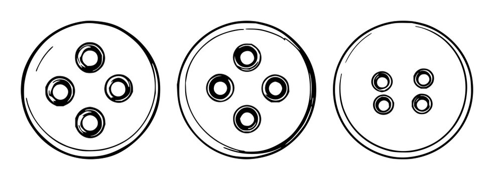Button set with black line art depicting a circular button with four evenly spaced holes featuring metal fastening, decorative hardware, illustration with minimalist and geometric style