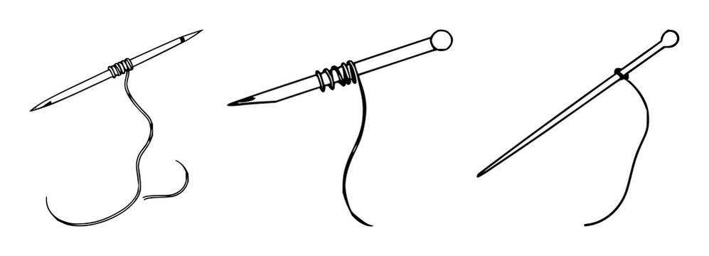 Sewing needle and thread set with crisp black line art on white background featuring sewing tools, craft, illustration with minimalist and simple style