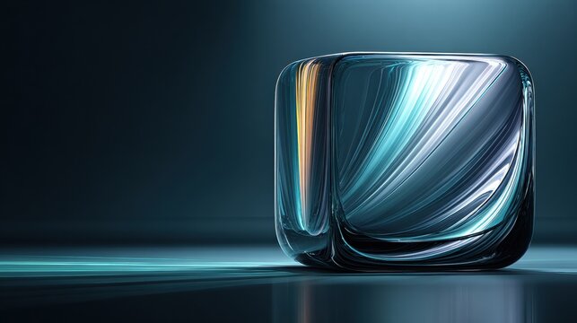Single glass cube with rounded edges rests on dark surface, showcasing light effects and smaller shapes within, ideal for visual demonstration.