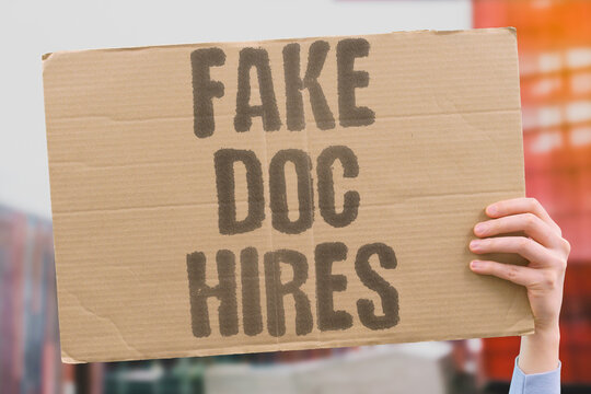 "Fake Doc Hires" Counterfeit documents lead to genuine professional positions. COUNTERFEIT. DOCUMENTS. GENUINE. PROFESSIONAL. POSITIONS.
