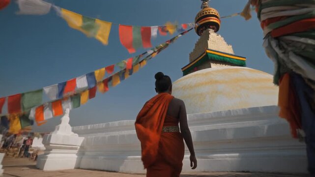 Buddhist Practitioner Walking Toward Sacred Stupa with Prayer Flags