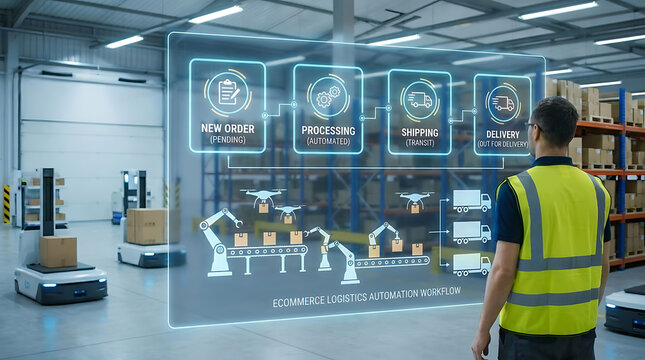 Smart Warehouse Management System Visualizing Order Processing and Delivery Workflow Stages with Holographic Digital Interface for Advanced Ecommerce Logistics Automation and Supply Chain Efficiency