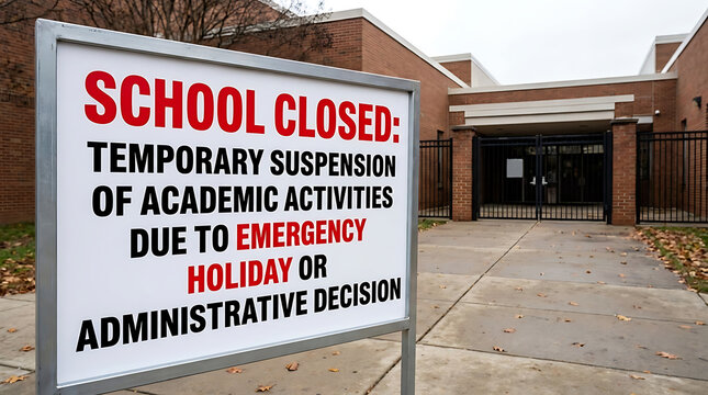 Formal school closed announcement sign displayed outside an educational institution building representing a temporary suspension of academic activities during a holiday or administrative break.