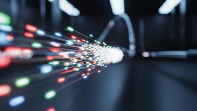 Signal transmission over an optical cable shows light pulses moving through fiber