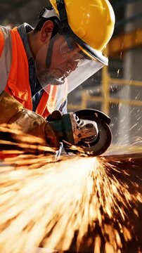 Construction worker grinds metal making sparks in factory during daytime work hours
