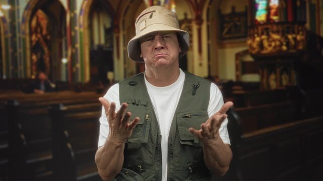 Man with open hands pleading gesture in church building wearing bucket hat and fishing vest, mouth open as if speaking; penitence solitude.