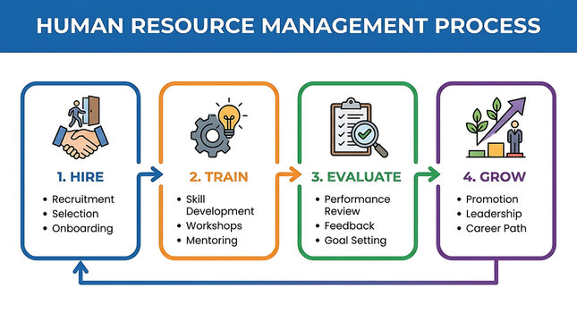 Human resource management infographic depicting sequential employee lifecycle stages including recruitment training evaluation and professional growth for corporate talent development strategy.