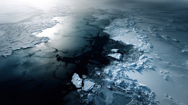 An oil spill is visible near Arctic ice sheets, with black petroleum contrasting against white ice in a remote location of the polar ocean.