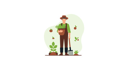 Fototapeta premium Male farmer holding pitchfork and harvested carrots in garden, organic agriculture illustration