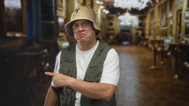 Man in fishing vest and bucket hat points finger and gestures in an ornate museum building corridor with chandeliers and framed paintings; playful contrast.