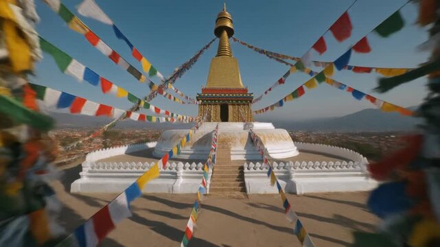 Buddhist Stupa with Colorful Prayer Flags on a Mountain Peak