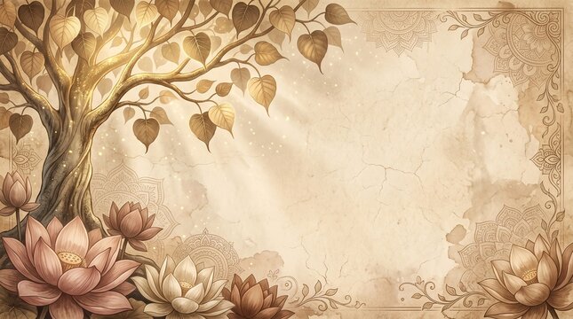 Vintage Vesak Day Background with Golden Bodhi Tree and Lotus