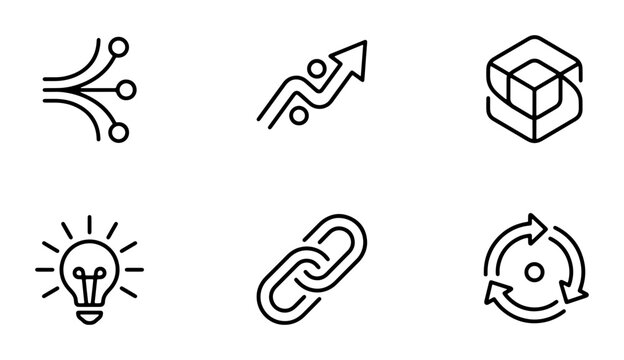 Business Icons Set: Data Flow, Growth Chart, Cube, Idea Lightbulb, Link Chain, Cycle Arrows - Modern Line Art Vector Graphics for Presentations and Web