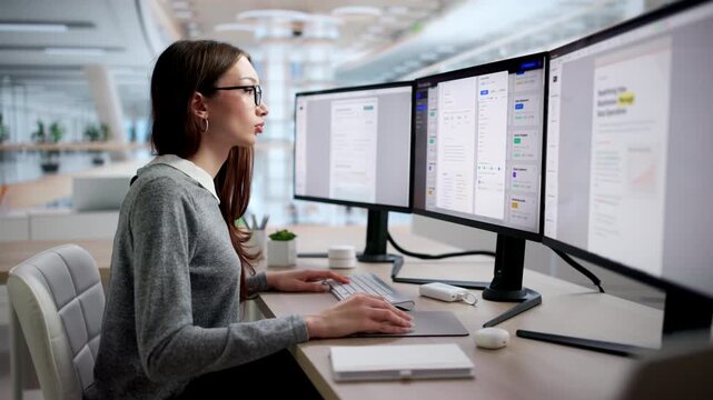 Businesswoman Organizes Files On Computer