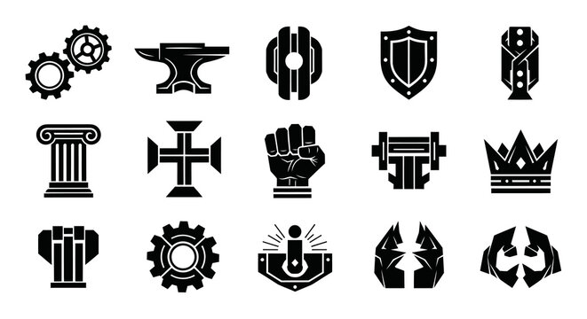 Collection of Medieval Heraldry and Industrial Manufacturing Icons