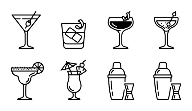 Cocktail Icons Set, Barware Graphics, Drinkware Symbols, Mixology Tools, Beverage Glasses, Shakers, Jiggers, Margarita, Martini, Old Fashioned, Hurricane